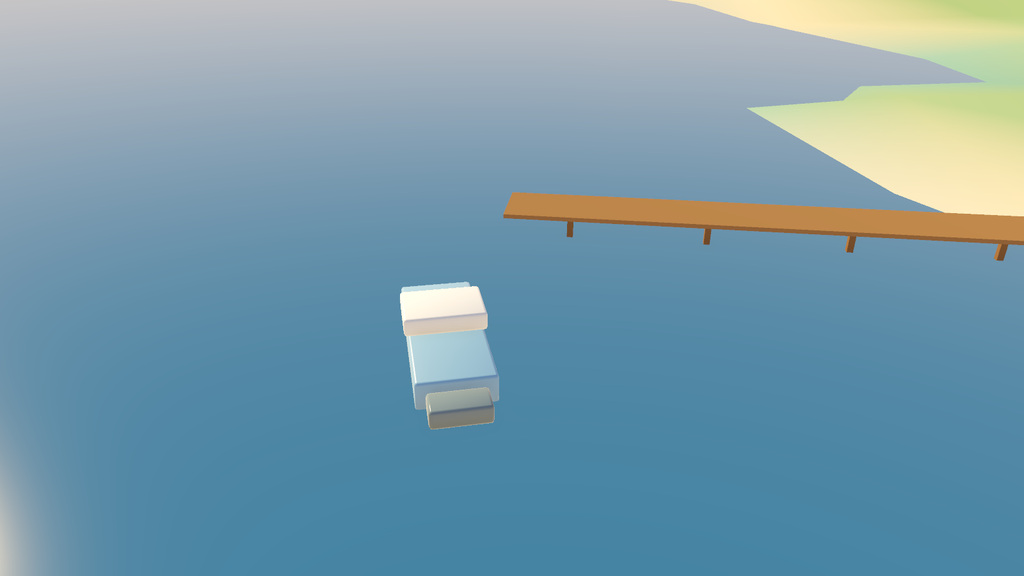 Speedboat floating in open water beside an island dock with visible clearance between the hull and dock edge.