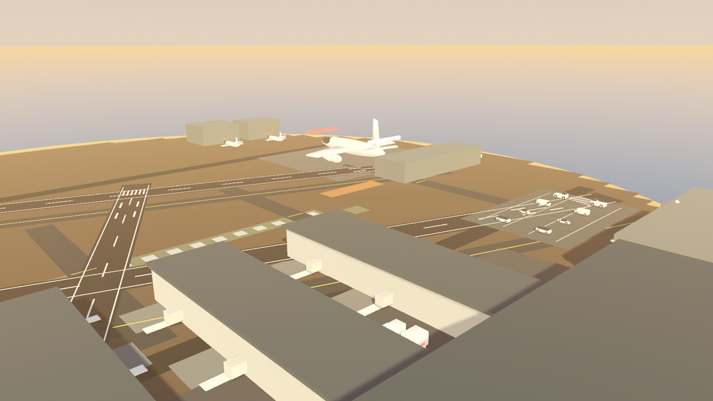 Aerial development-build view across the main nimLandia airport with runways, concourses, parked aircraft, and service roads.