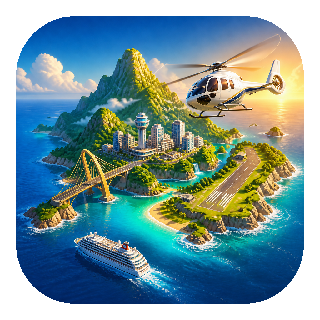nimLandia island with a city, bridge, runway, helicopter and cruise ship at sunrise.
