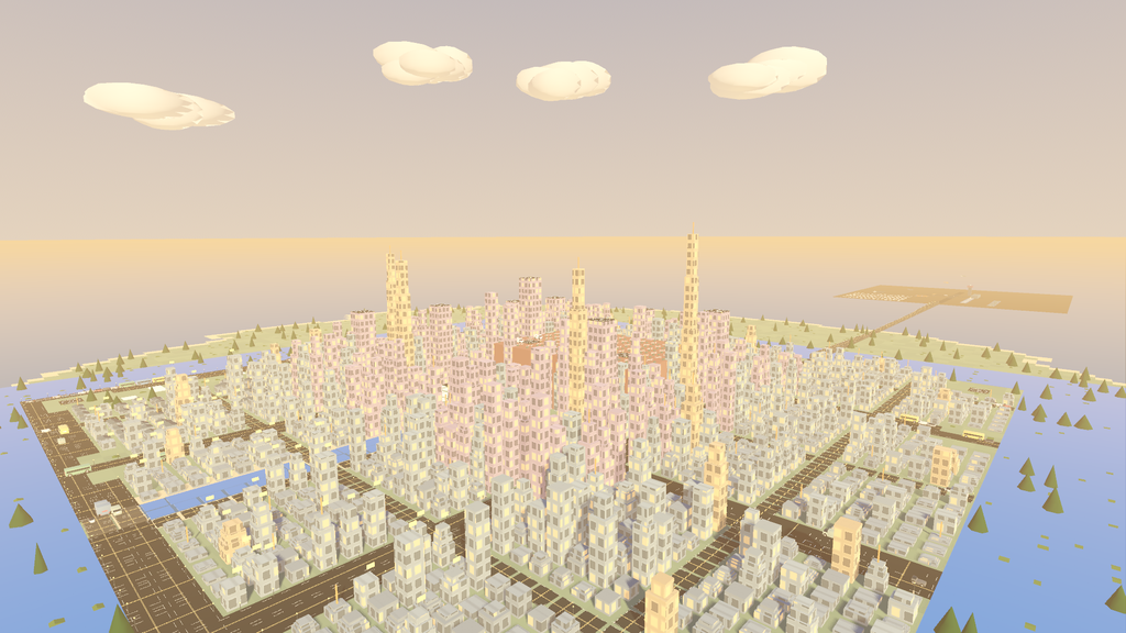 Aerial development-build view of the colorful Central Island city beside the water.